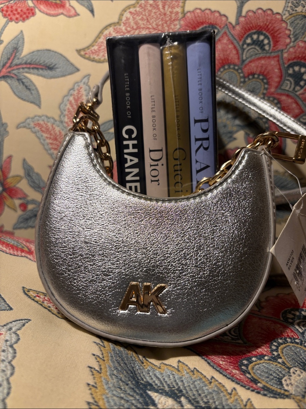 Anne Klein Metallic Silver Crescent Crossbody w/Gold AK Logo Bag NWT